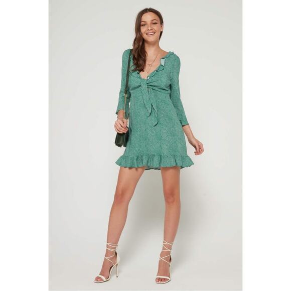 AUGUSTE Diamond Rumba Sleeved Mini Dress Green US 6 Long Sleeve Coquette Fairy - Picture 2 of 14
